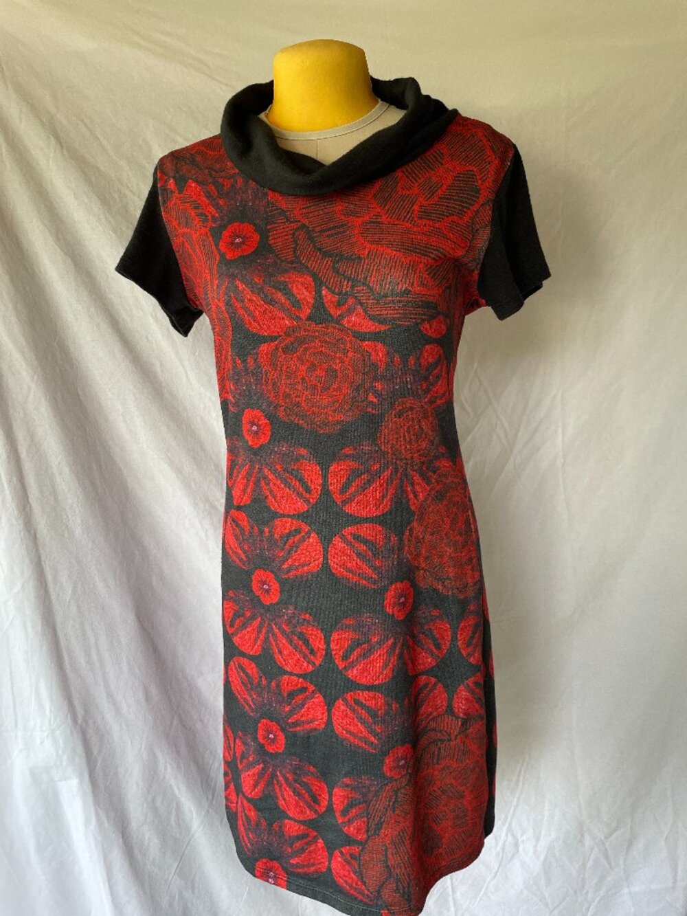 Cozy black and red dress with slouchy neck